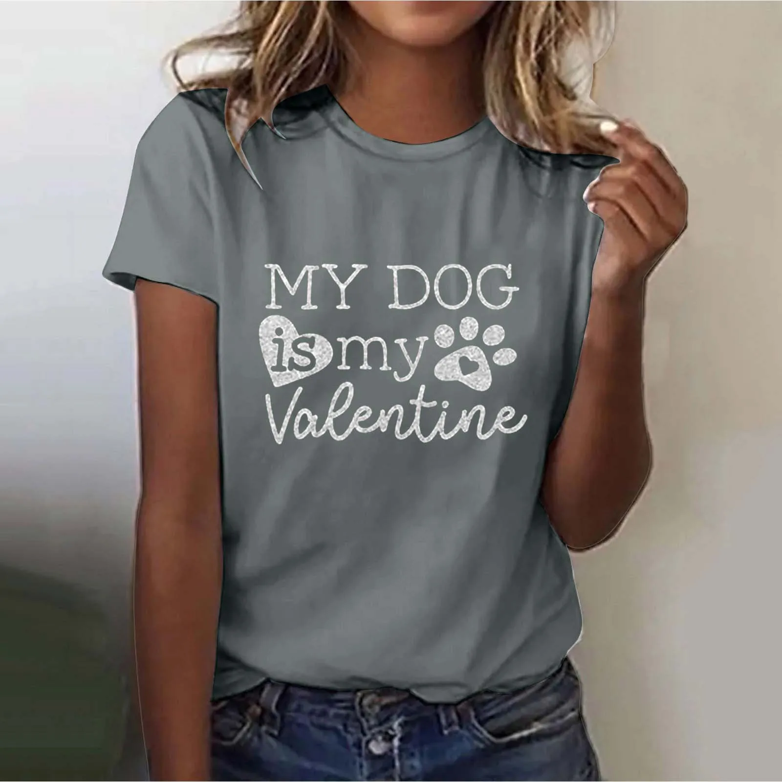 

Valentine's Day Letter Puppy Graphic Printed Cute T Shirt Tops Casual Solid Colour Tops Loose Short Sleeve Round Neck Blouse