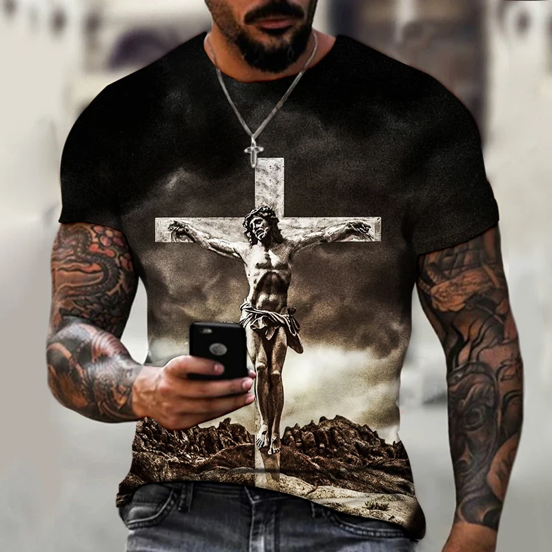 Camiseta de manga curta grande masculina, Deus, Religião, Cristo, Estampa Cruz de Jesus, gola redonda, moda casual, roupa de verão 9 Sbdd68b8f8f604815a6a37b862d2ec041u