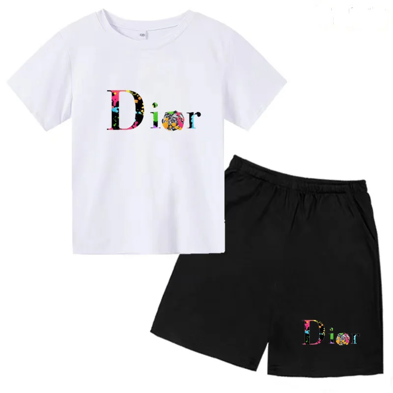 Kids Clothing Set Kids T Shirt Kids Sports Suit Children Sports Suit Kids Summer Monogram Print Top Boys Girls 3-12 Years Old Top + Shorts 2P Casual