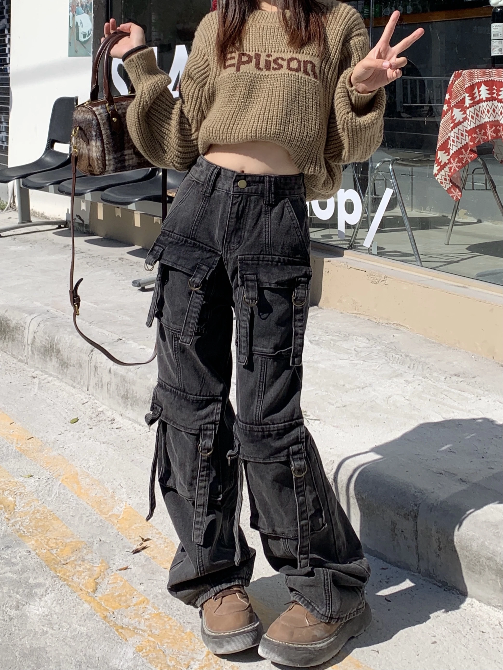 Women Black Gothic Cargo Jeans Baggy Harajuku Oversize Denim