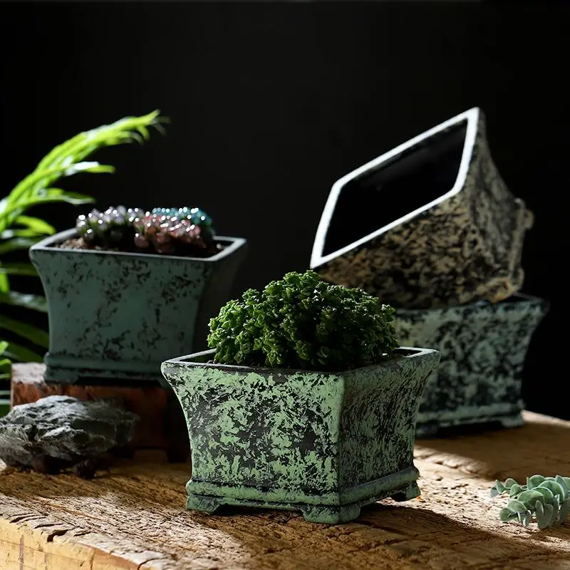 セラミックカラフルな四角い植木鉢、手作りコレクション盆栽、庭の家の
