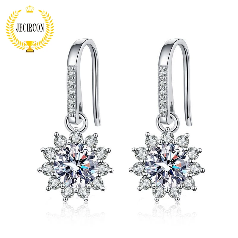 

JECIRCON 925 Sterling Silver New Earrings for Women Classic Temperament Sunflower 1 Carat Moissanite Ear Pendants Trendy Jewelry