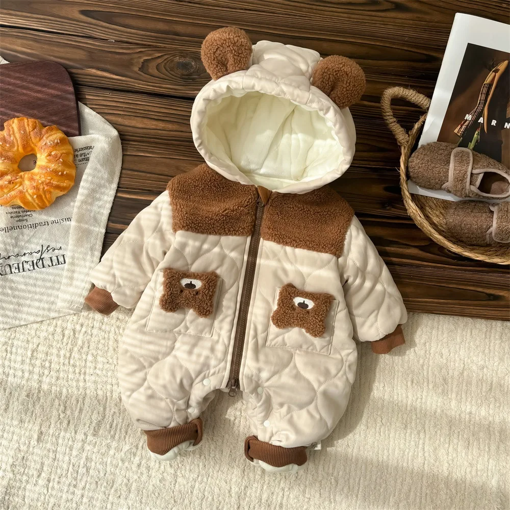 UNIFEMEN Baby Boys Winter Bodysuit Stylish Fleece Color Blocked Teddy Bear Infant Boys Jumpsuit Toddler Hooded Rompers