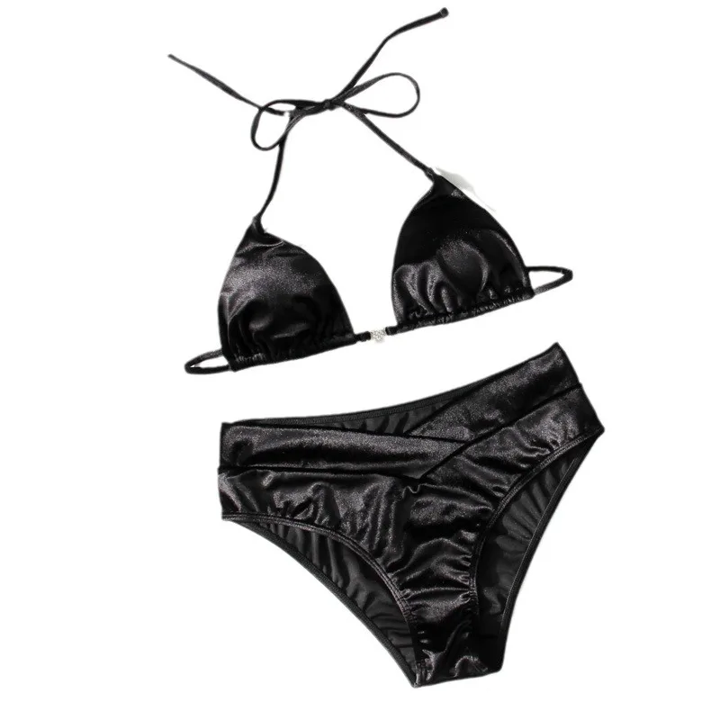 Costume da bagno Bikini Sexy europeo e americano da donna in tinta unita con collo appeso a tre punti costume da bagno stretto senza schienale