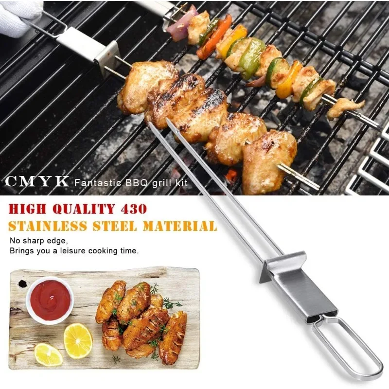 Reusable Barbecue Needle Wide Flat Barbecue Fork Stainless Steel Double Needle Skewers Household Accessories