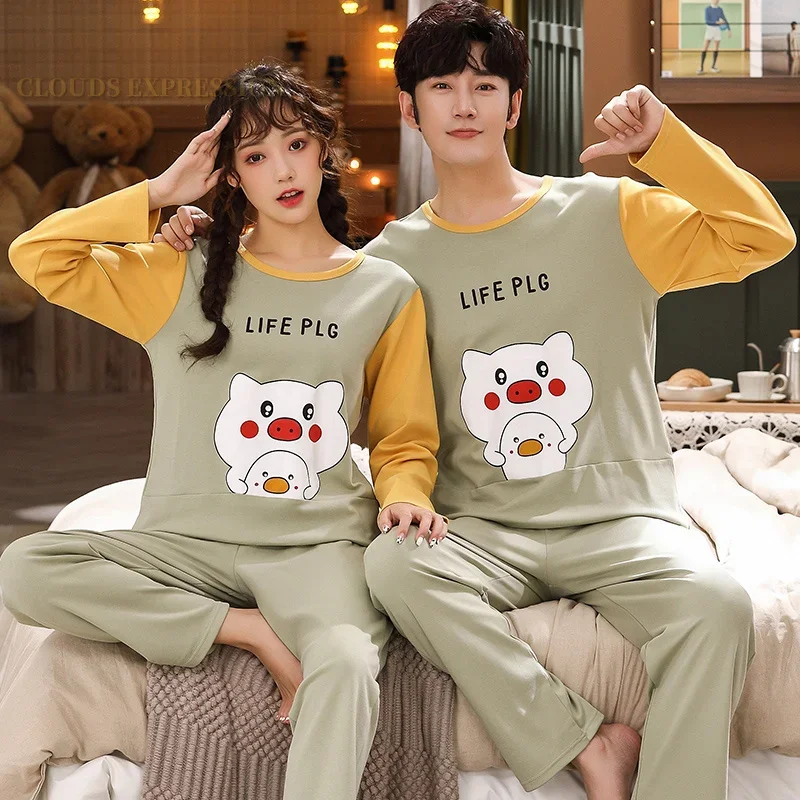 Pajama Sets Spring Autumn Knitted Cotton Cartoon Men's Plaid Casual Male Sleepwear 4XL Homewear
