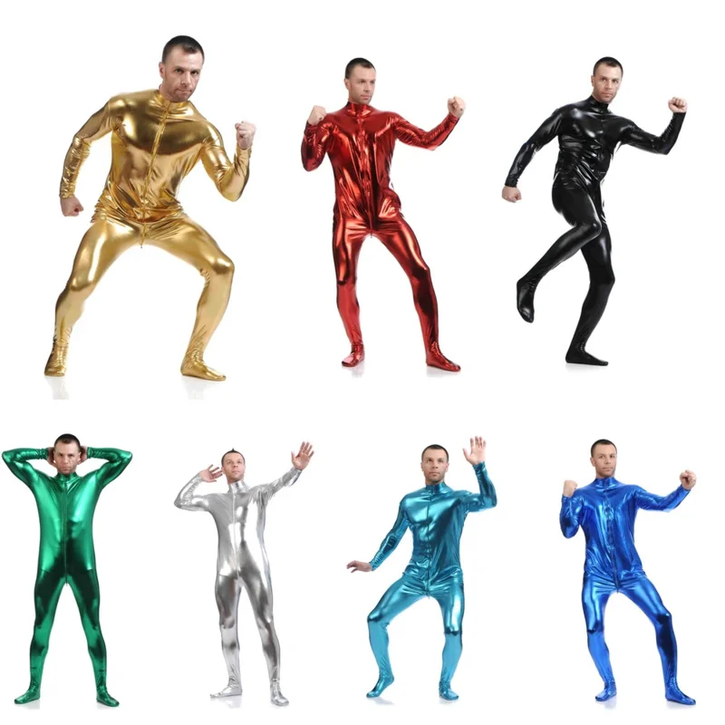 

Full Body Spandex Suit Shiny Metallic Zentai Costumes Cosplay Headless Skin Tight Catsuit Halloween Adult Men Bodysuit Unisex