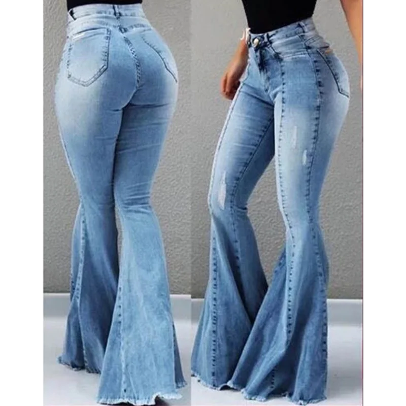 

Women's High Waisted Jeans with Washed Hole, Casual Denim Flared Pants