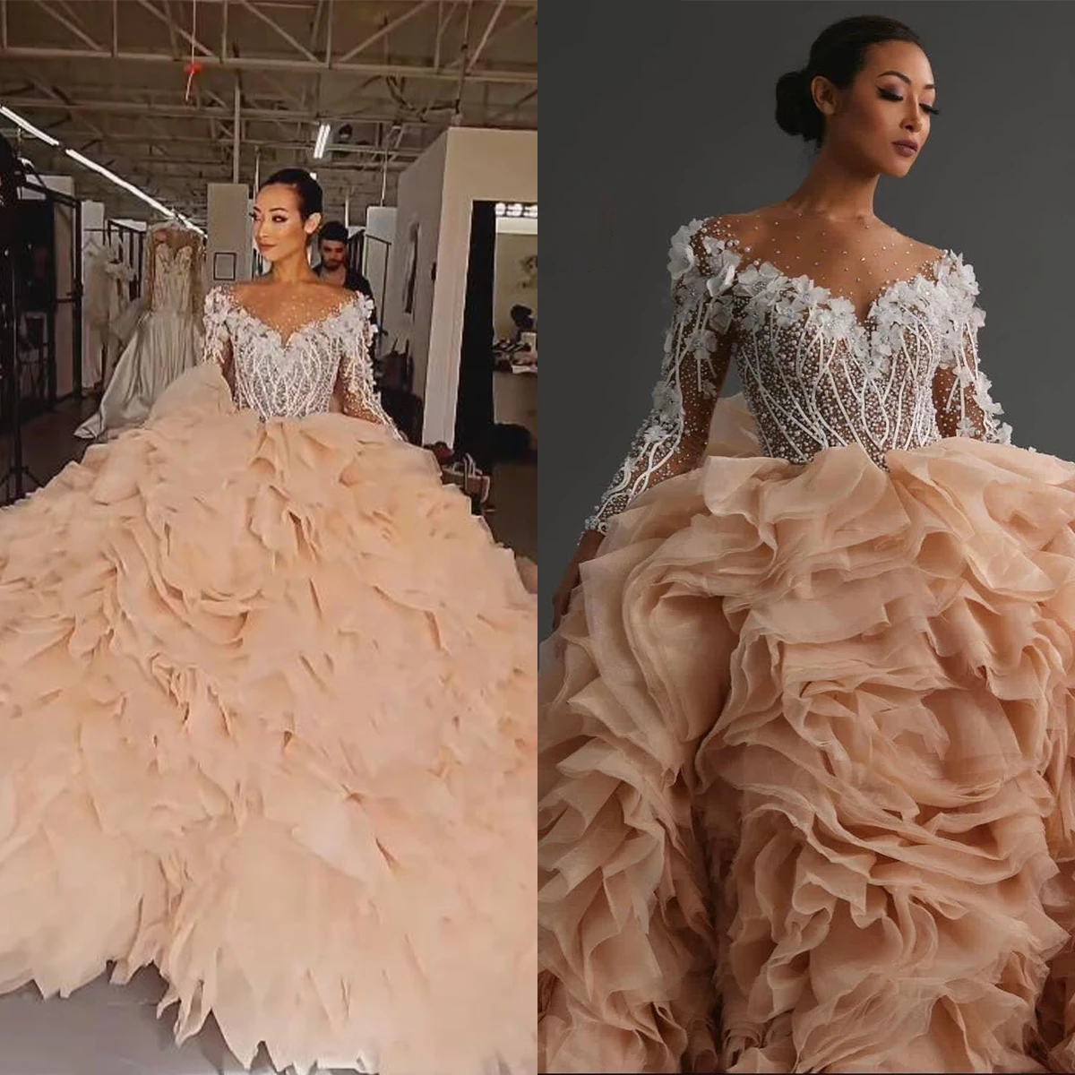 

Princess Evening Dresses Beads Appliques Lace Long Sleeves Prom Gowns Custom Made Sweep Train Special Occasion Wear