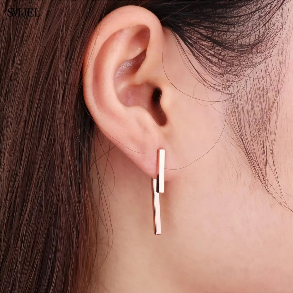 Geometric Simple Fashion T Bar Stud Earrings for Women Vintage Stainless Steel Long Drop Earring Jewelry Gifts