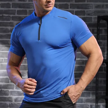 Camiseta Coolmax de seda helada Dri Fit ajustada con cremallera media para entrenamiento de hombres 1