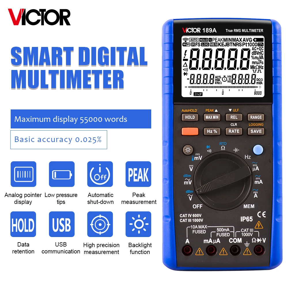 

Victor 189A Цифровой мультиметр 55000 отсчетов точность 0.025% термопары RTD PT100 истинная RMS частота емкость USB контактный ПК