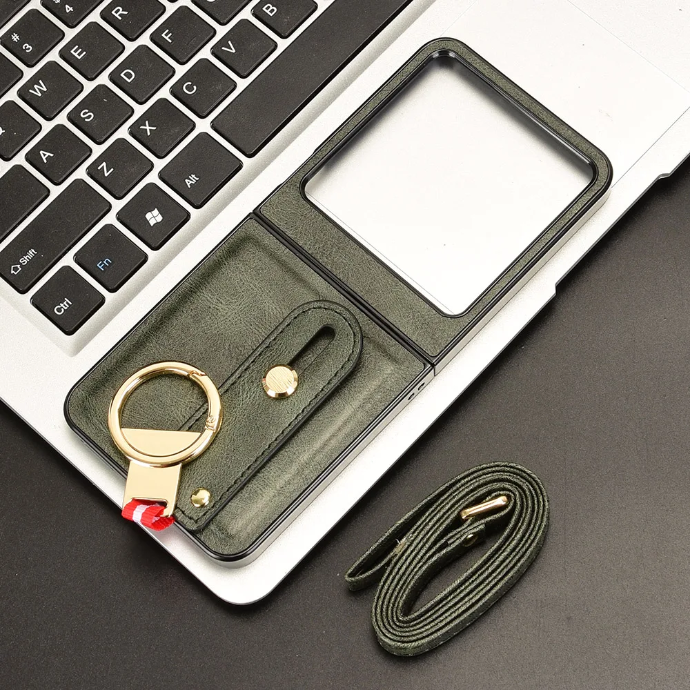 Luxury Leather Anti-Slip Flip Phone Case with Wrist Strap and Finger Ring Back Cover