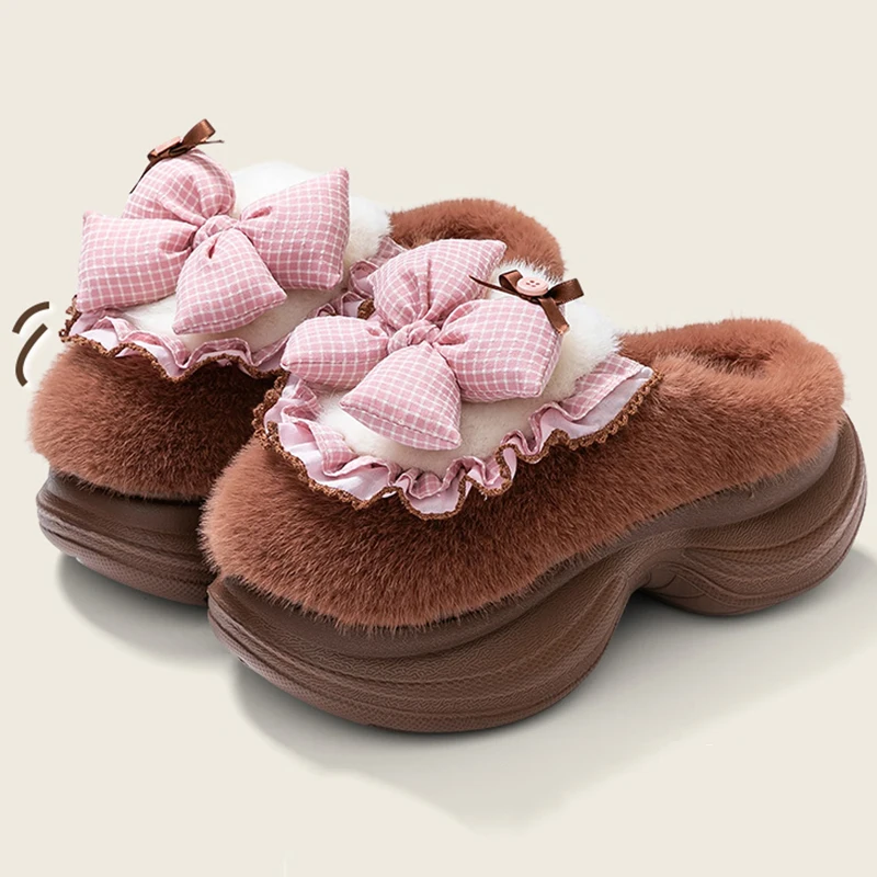 Lovely Bowknot Decor Fluffy Slippers for Women 2025 Indoor Non Slip Warm Cotton Slides Woman Thick Sole Plush Slippers Female