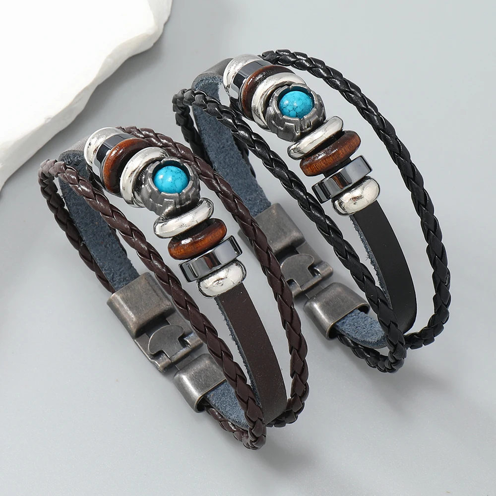 Fashion jewelry leather bracelet blue stone men bracelet