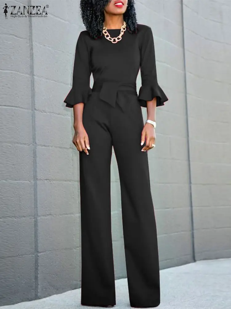 

Женский винтажный комбинезон ZANZEA Y2K, однотонный праздничный комбинезон с оборками и рукавом 3/4, летние комбинезоны с поясом и поясом, 2024