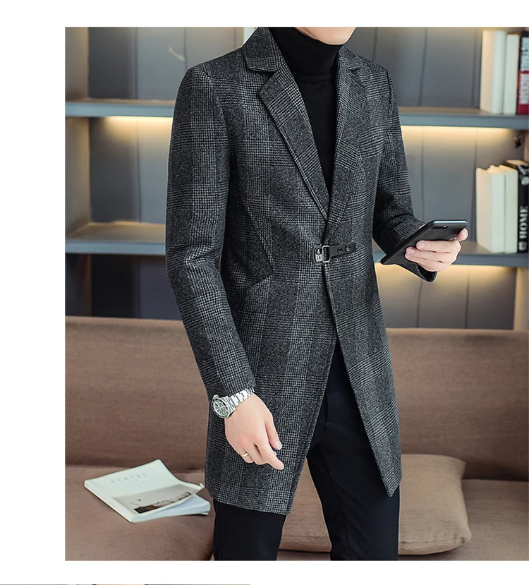 Business Casual Herren Mittellanger karierter Mantel Frühling Herbst Wollmäntel Outwear Karierte Windjacke Slim Fit Trenchjacken – Detail 7