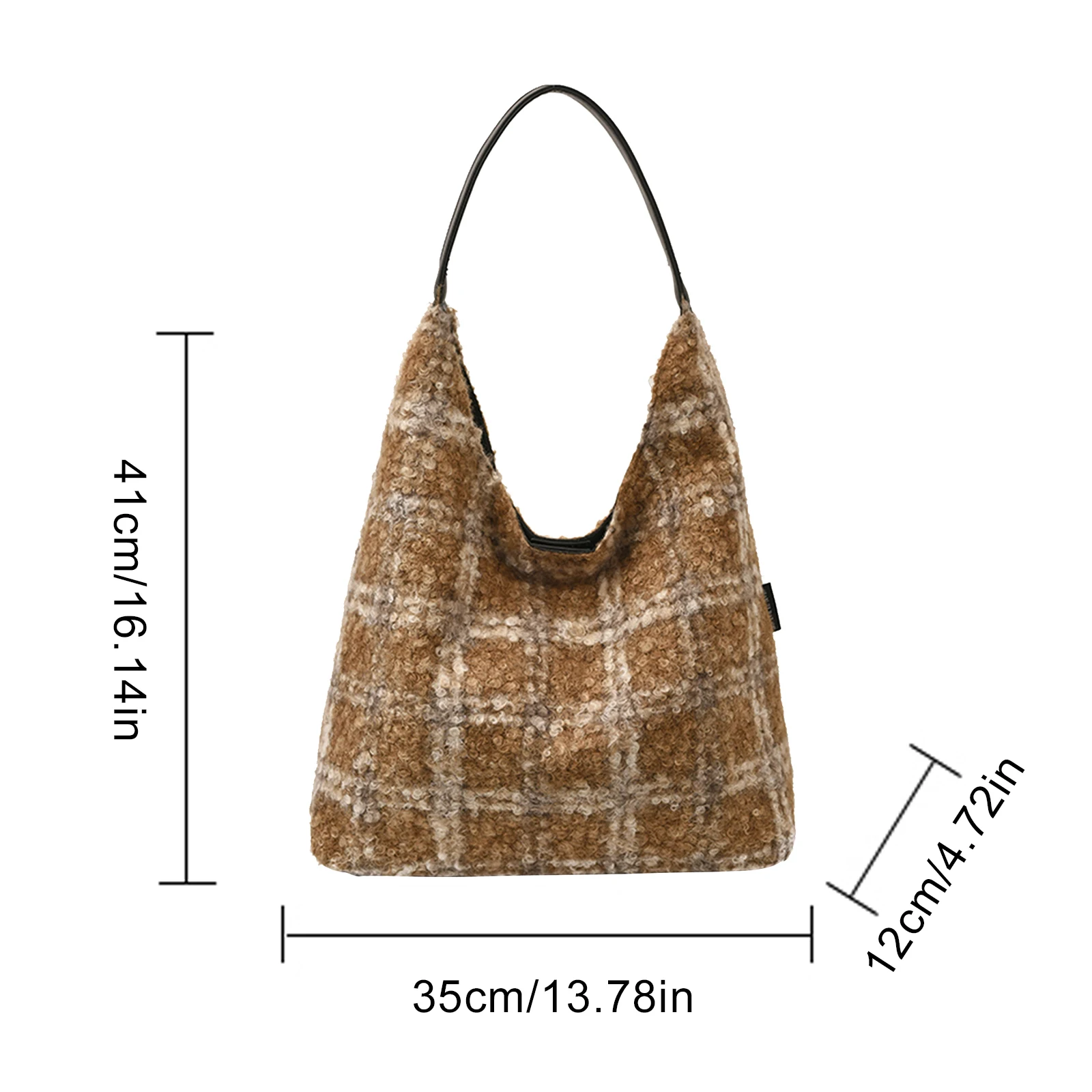 Women Retro Plush Plaid Shoulder Crossbody Bag Large Capacity Shoulder Purse Underarm Bag for Daily School Travel