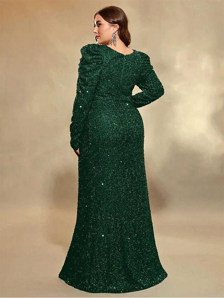 Plus Size V Neck Long Sleeve Wedding Banquet Sequined Multicolor Long Dress 4XL 5XL Big Size Luxurious Sparkling Evening Dress