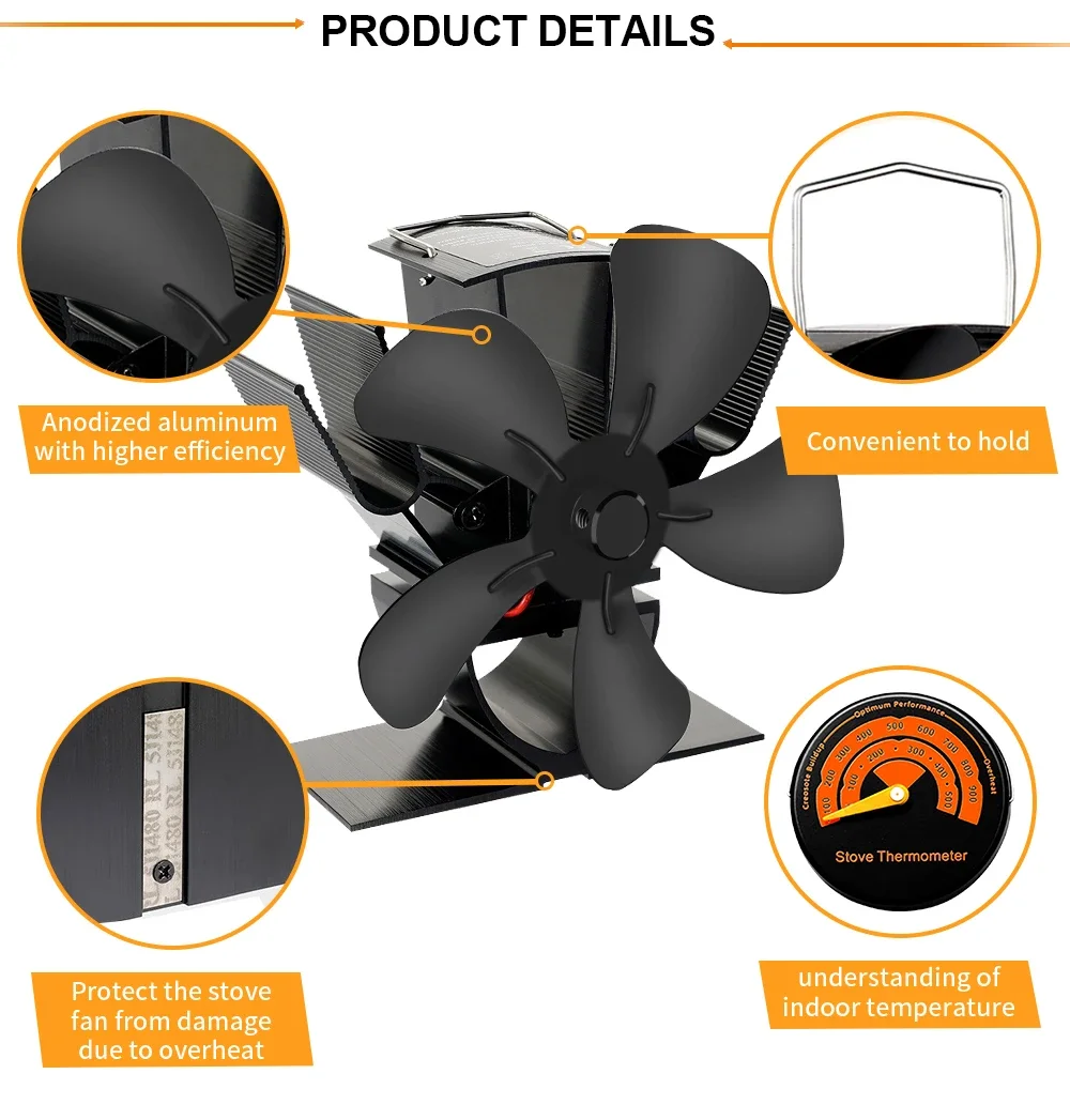5 Blade Heat Powered Stove Fan Fireplace Fan Mini Fireplace Fan Log Wood Burner Eco-fan Quiet Fireplace Heater Efficient Heat Distribution