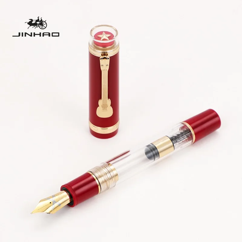 Jinhao 1935 만년필, 궁전 박물관, 레드 & 투명 배럴 기타 클립, 스타 캡 M 펜촉, 사무실 서명 학교 A7664