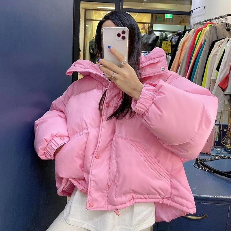 

2023 winter down jacket women's short loose fashion hooded thickened warm 90% white duck down high-quality blue pink jacket