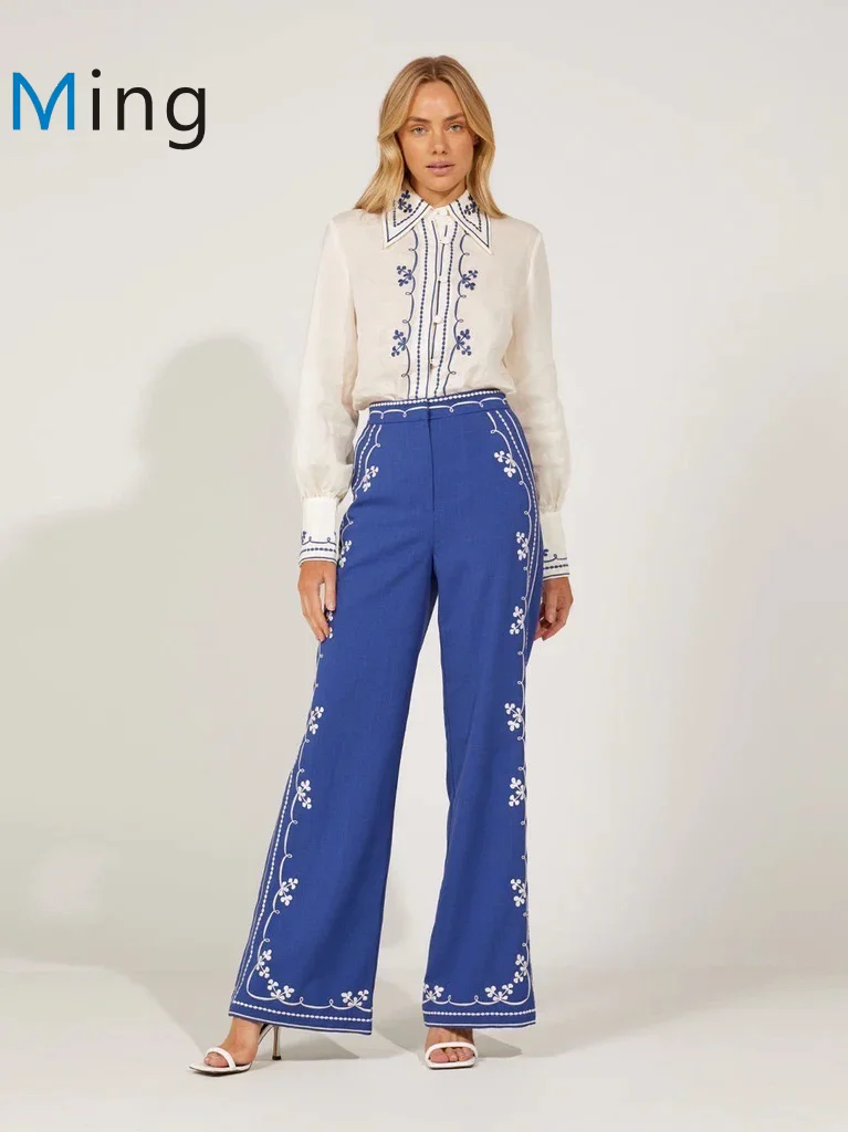 

Women Vintage Style Heavy Embroidery White Shirt Top+ High Waist Embroidery Boot Cut Long Pants Set