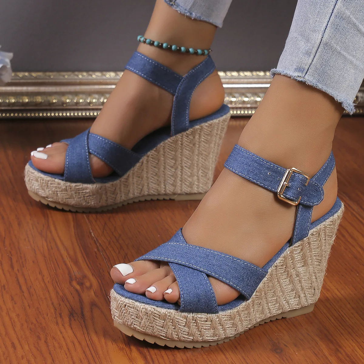 Femmes Bohème Peep Toe Corde De Chanvre Grande Taille Plateforme