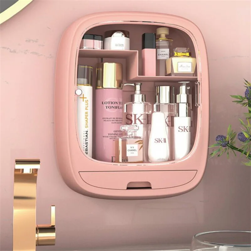 

European Style Cosmetic Storage Box Makeup Organizer Bathroom Storage Rack Seamless Wall-mounted Large-capacity Dresser Shelf