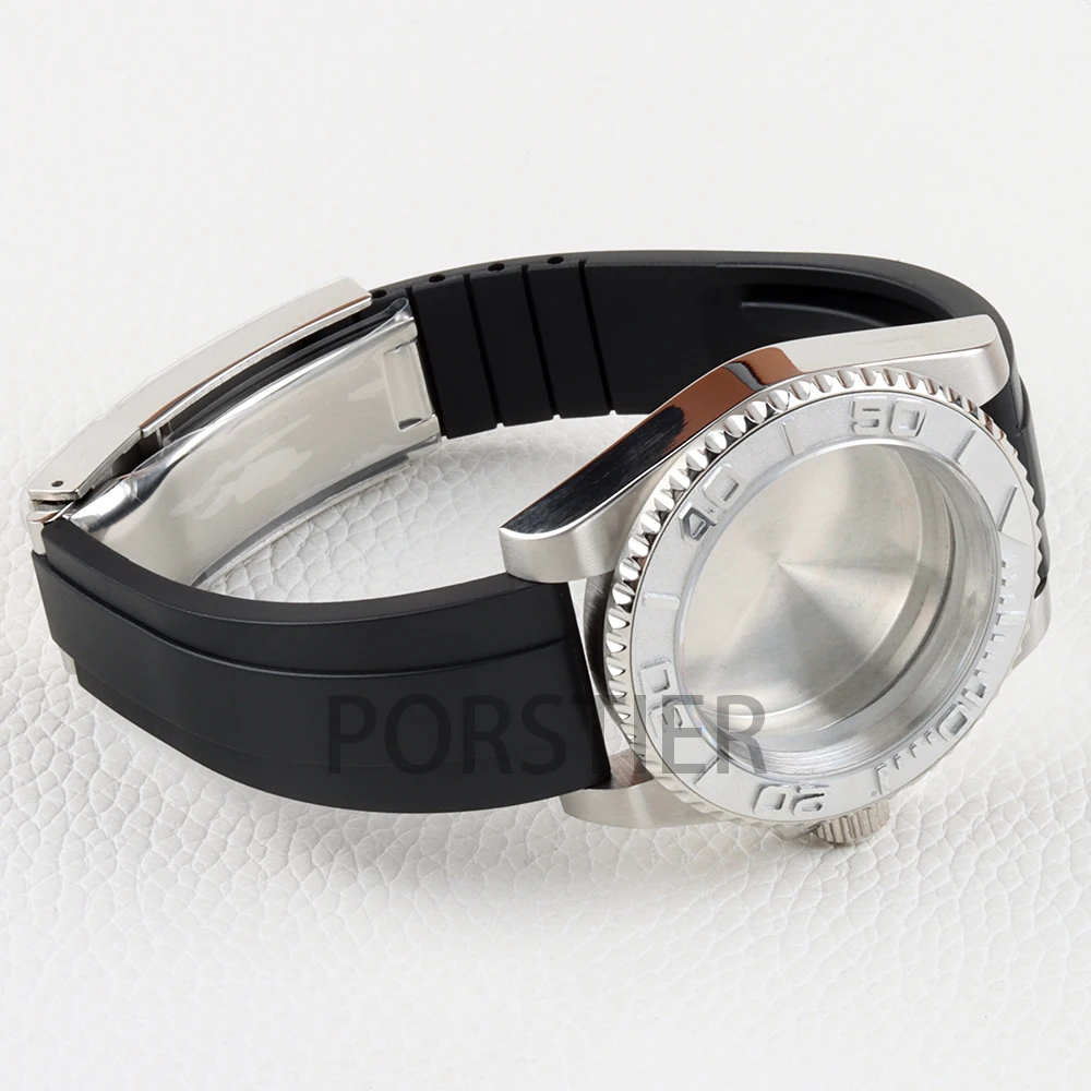 Stainless Steel 40mm Yacht Watch Case with Sapphire Glass & Rubber Strap - 100m Waterproof