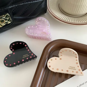 우아한 여성용 러브 하트 헤어 클립 클로, 고품질 아세트산 라인석 상어 클립 헤어 액세서리, 한국 패션, 신제품