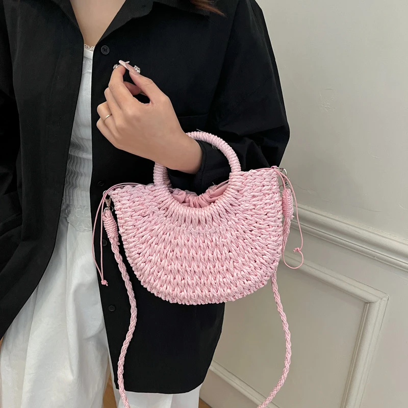 Handwoven Straw Rattan Half-Moon Beach Handbag Large Capacity Women Summer Hollow Out Crossbody Shoulder Bag