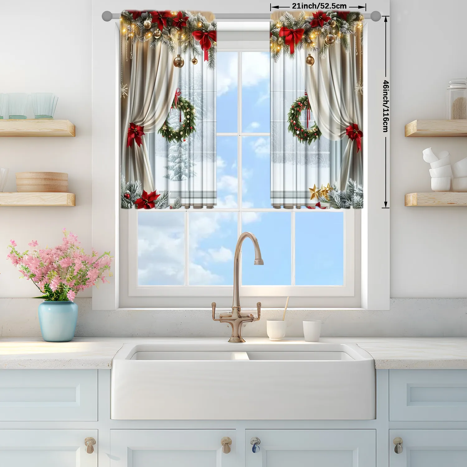 Description Picture 4 of item2pcs Windows with A Christm Printed Curtain for Christmas Home Decor - Rod Pocket Window Treatment for Bedroom, Office, Kitchen