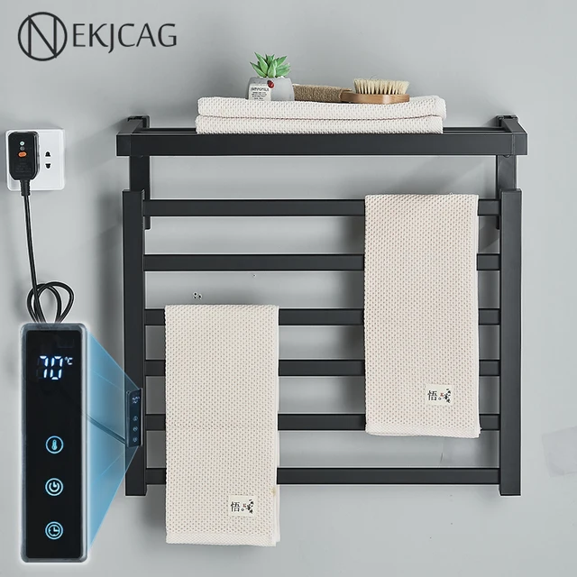 ผ้าขนหนูอุ่นควบคุมเวลาแบบดิจิตอลสำหรับใช้ในห้องน้ำชั้นวางผ้าขนหนูไฟฟ้าแบบราวผ้าขนหนูสมาร์ทโฮมทำจากอะลูมิเนียม 1