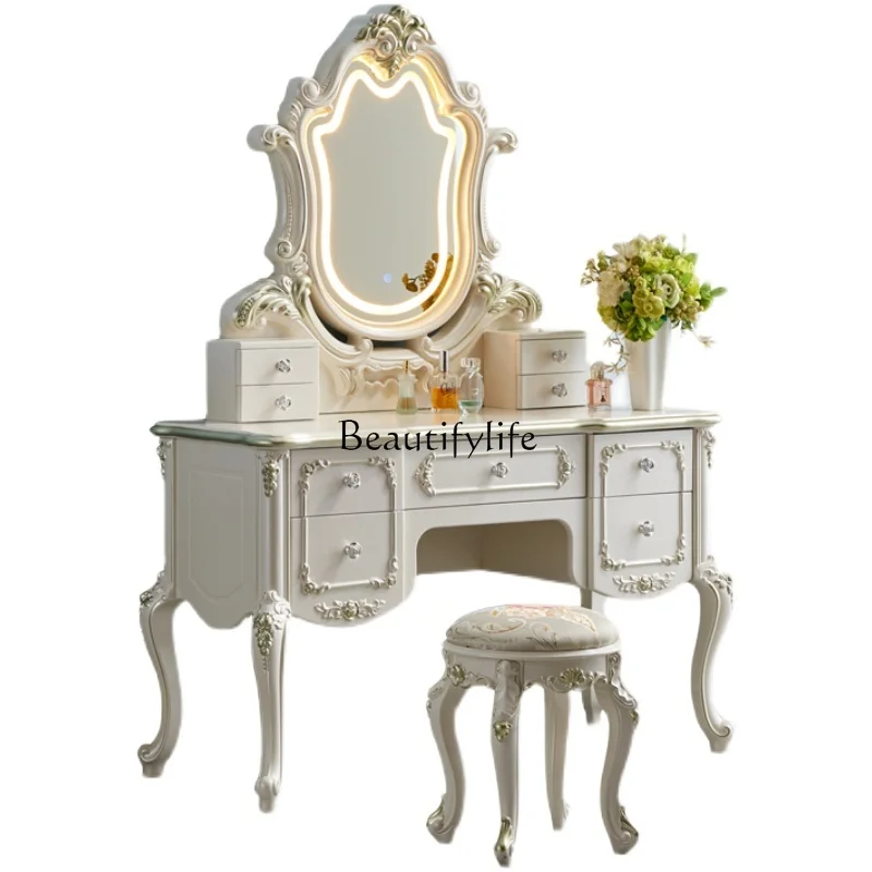 

European-Style Solid Wood Dresser Bedroom Luxury Dresser with Lights High-End Makeup Table