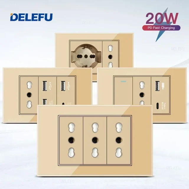 DELEFU Gold Tempered Glass Italy USB TypeC Fast Charging Wall Socket Schuko Tuya Wifi Smart Switch Sat TV Tel Doorbell Chile