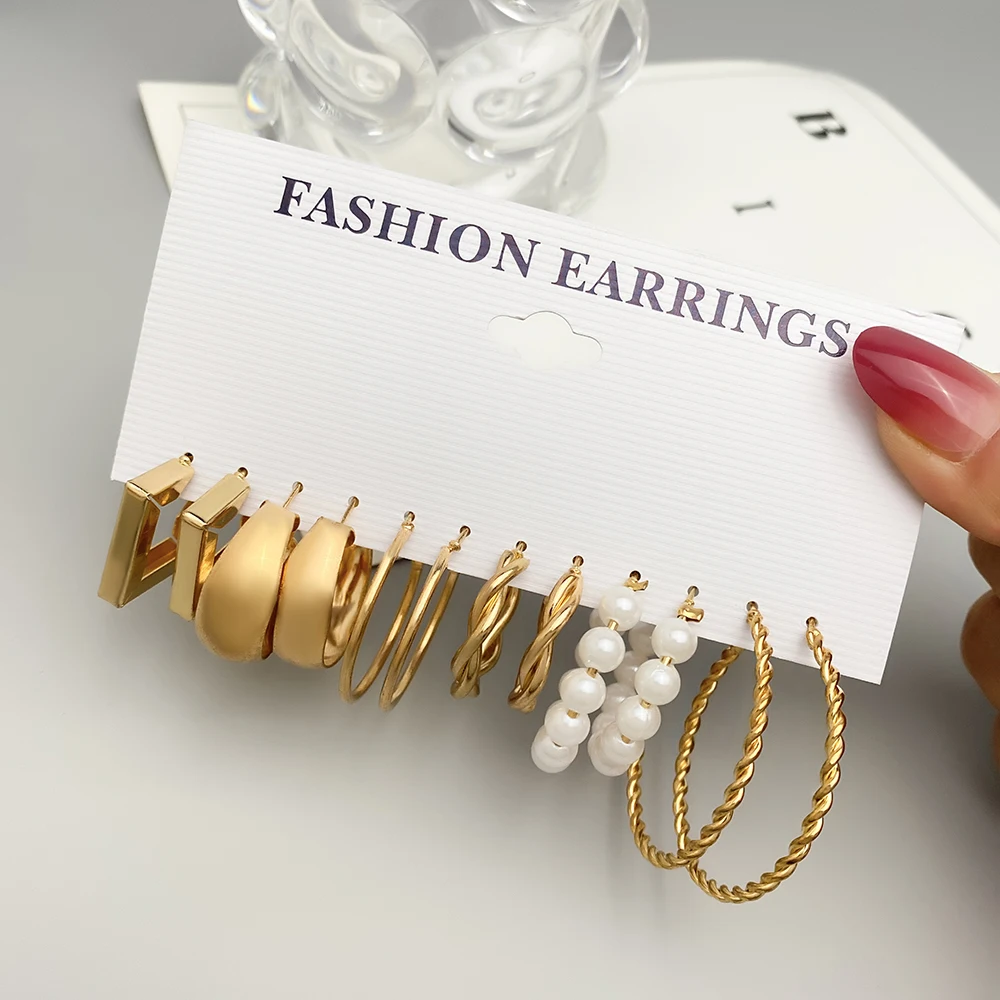 Hoop Earrings Pearl Earrings Geometric Earrings Golden Earrings IPARAM Fashion Exaggerated Gold Color Metal Pearl Earrings for Women Geometric Twisted Vintage Hoop Earrigns Jewelry Gifts