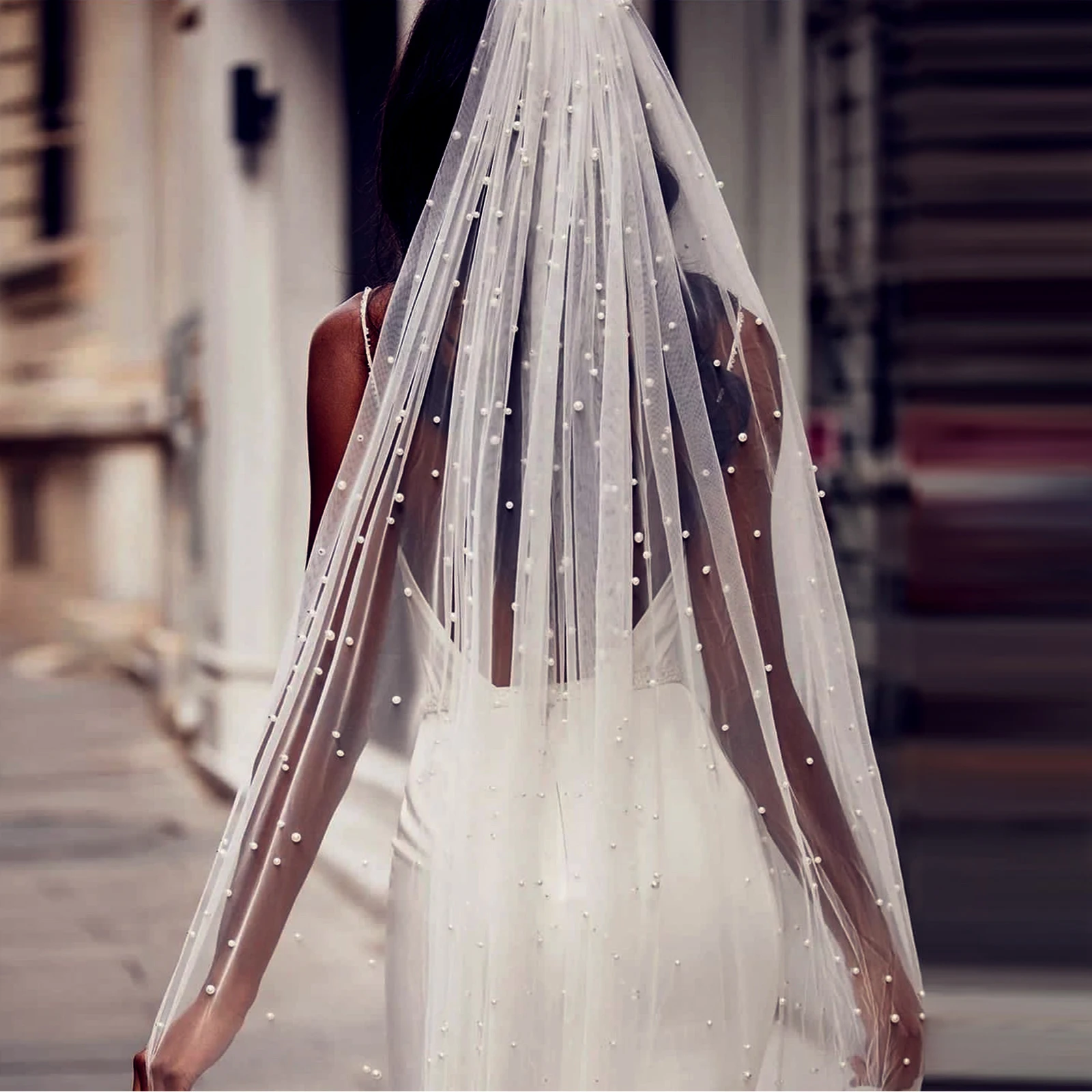Bridal Veil Pearls Beaded Soft Tulle With Comb For Bride