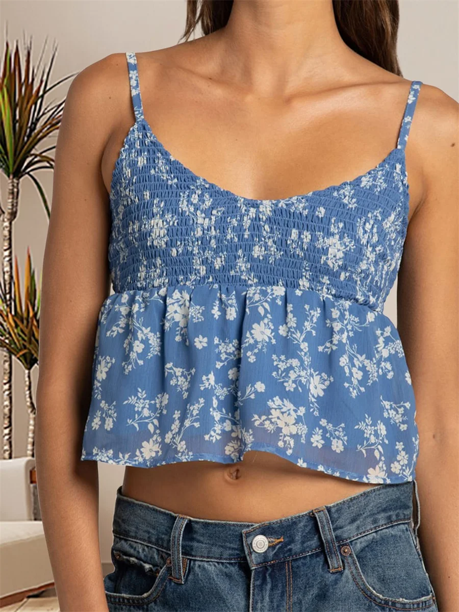 Elegant Lace Halter Top Sleeveless Floral Print Blouse with Backless Design for Summer Parties and Club Nights