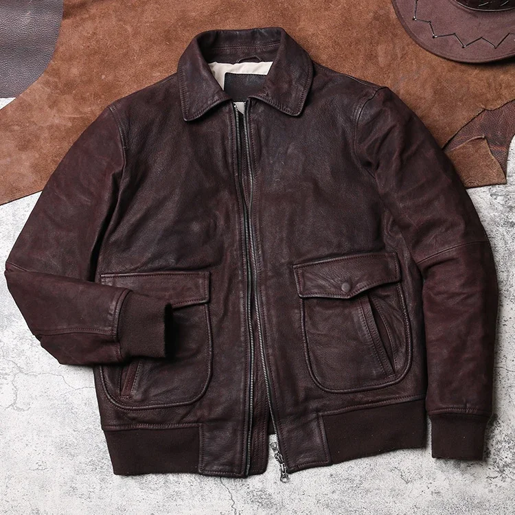 

Distressed Waxed Goatskin Jacket Vintage A2 Flight Suit Leather Jacket Unisex Lapel Slim Fit Leather Jacket