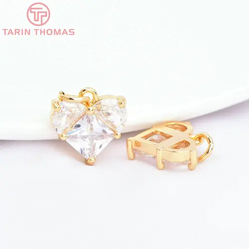 골드 컬러 황동 지르콘 하트 참 펜던트, 14x14.5mm, 구멍 2.5mm 24K, 고품질 주얼리 액세서리, 280 개 4 개 3