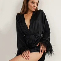 Peignoirs en plumes, mini robe sexy en satin, manches longues, ample, pour femmes, robe de mariée blanche, robes de mariée noires 5