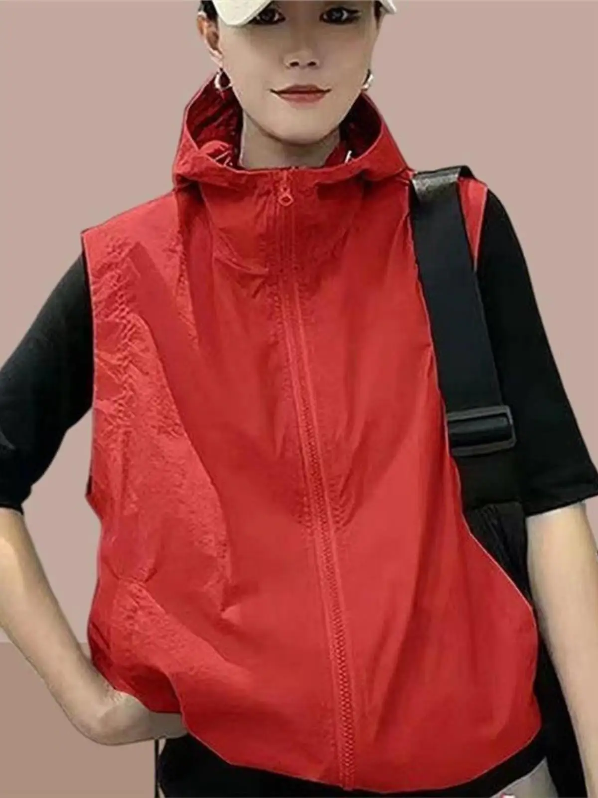 Summer Faionable Hooded Workwear Vest Women's Loose Slimming Casual Layered Sun Protection Outerwear Top Zipper Pure Color - Image 2