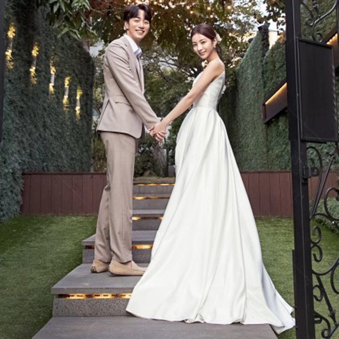 A-Line V-Neck Wedding Dress with Pearl Straps for Wedding Customized 2