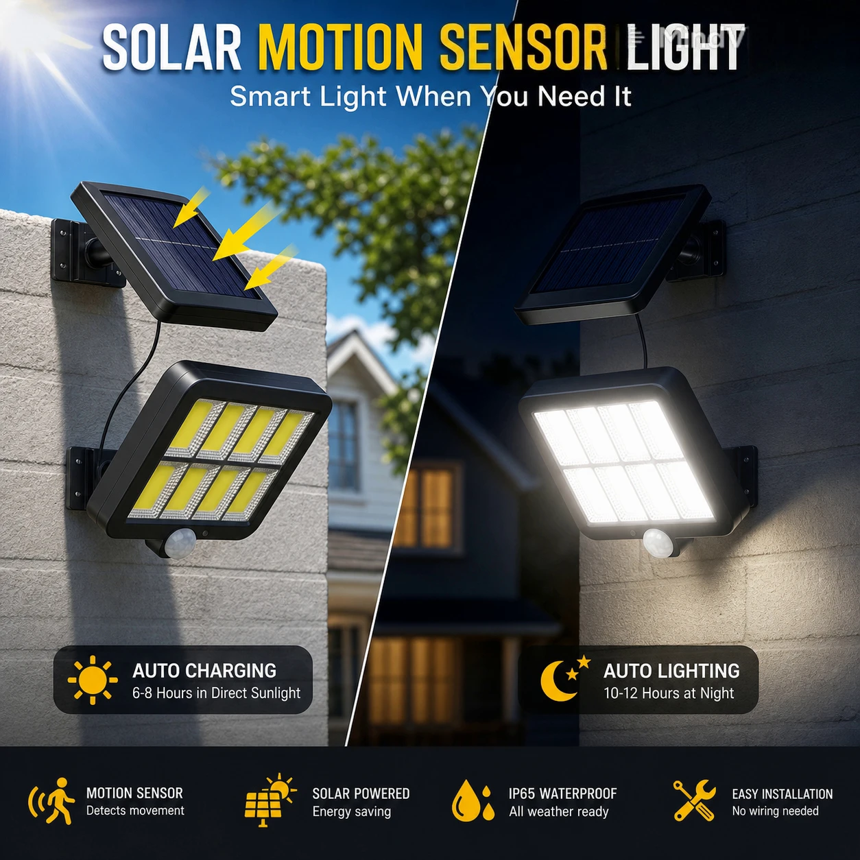 Solar Powered Outdoor Wall Light with Motion Sensor and Remote Control, Waterproof IP65, Bright COB