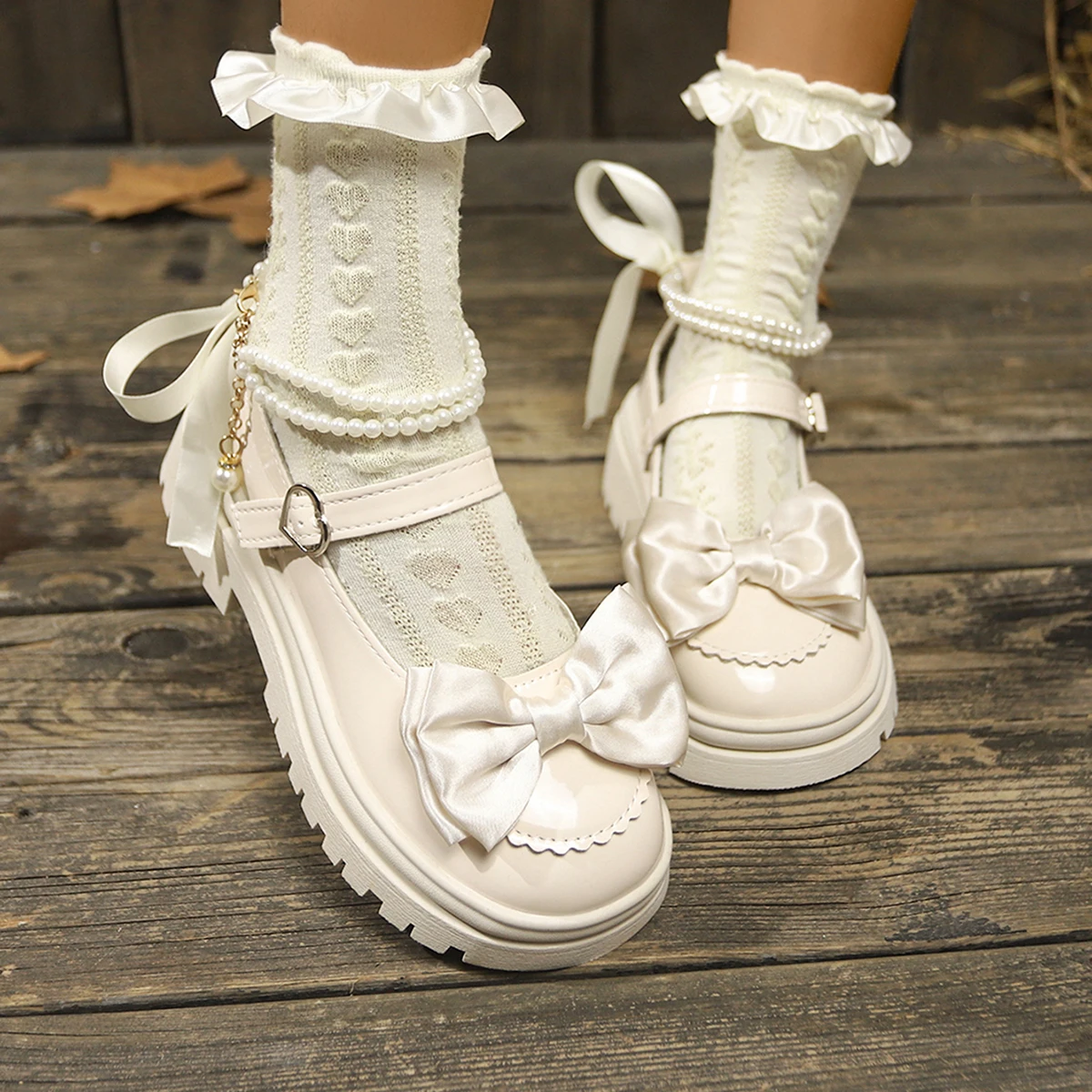 Women Lolita Shoes New Pearl Chain Mary Jane Shoes Women Fashion Versatile Outdoor Platform Heels Shoes Women Zapatos De Mujer 4