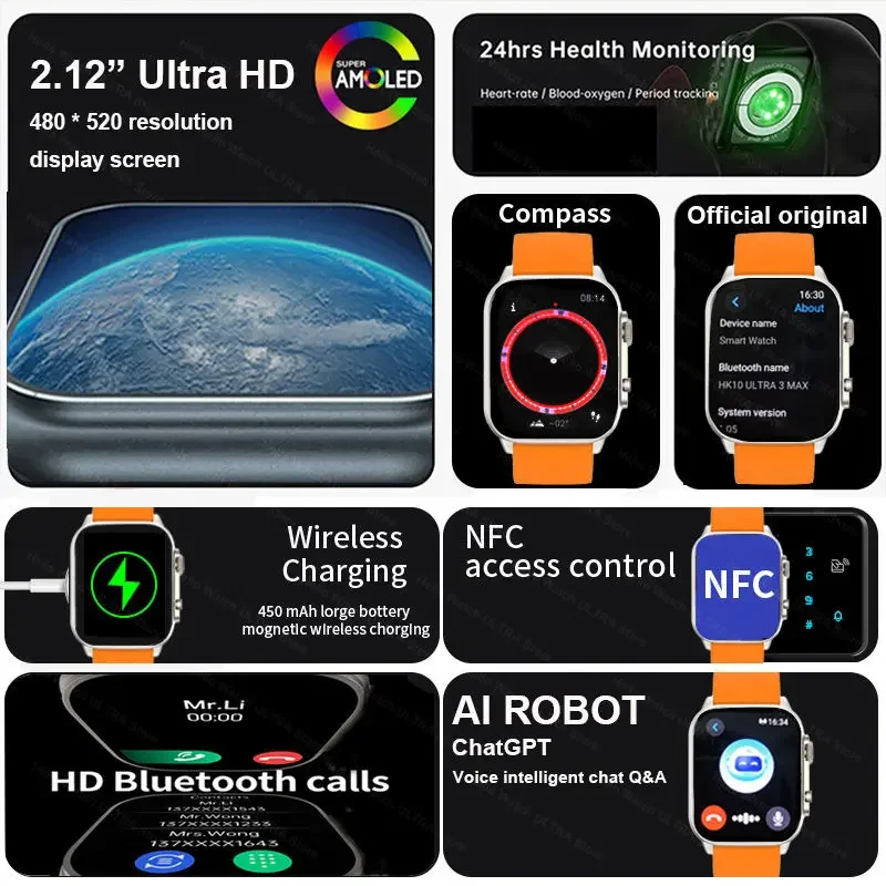HK10 ULTRA 3 MAX Smartwatch 2025 49mm HD AMOLED 4G ROM Bluetooth Call Network Chat Robot Clock NFC Compass Smart Watch Men Women 3