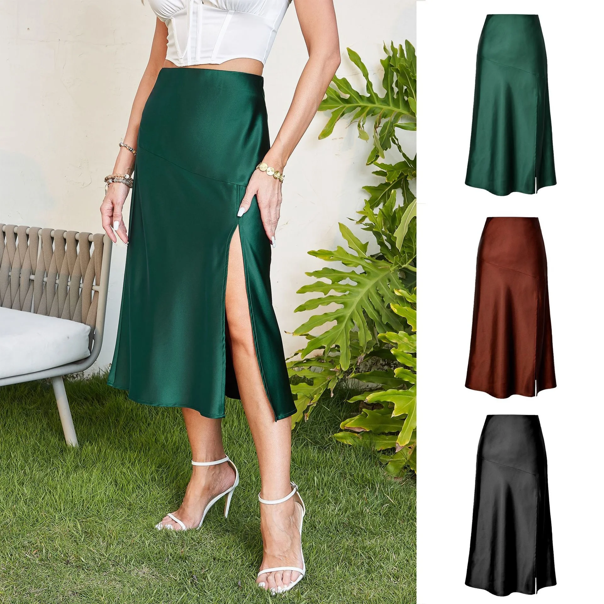 

2023 High-waist Glossy Satin Skirt, High-end Silky, Solid Color, Split Long Skirt, Large Swing Skirt For Women