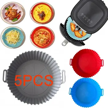 재사용 가능한 실리콘 몰드 에어 프라이어 바구니, 프라이드 치킨 매트, 에어 프라이어 냄비 오븐 베이킹 트레이, 에어 프라이어 액세서리, 5 개 상품 이미지