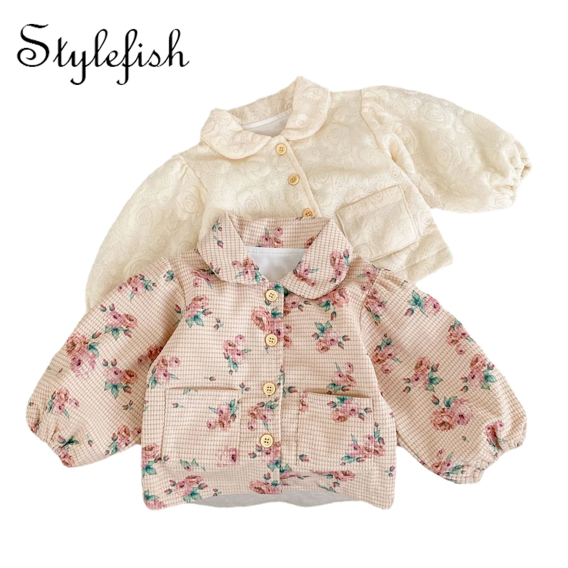 

INS 2022 autumn and winter New Baby Girl Flower printing bubble long sleeve doll collar lapel cardigan coat